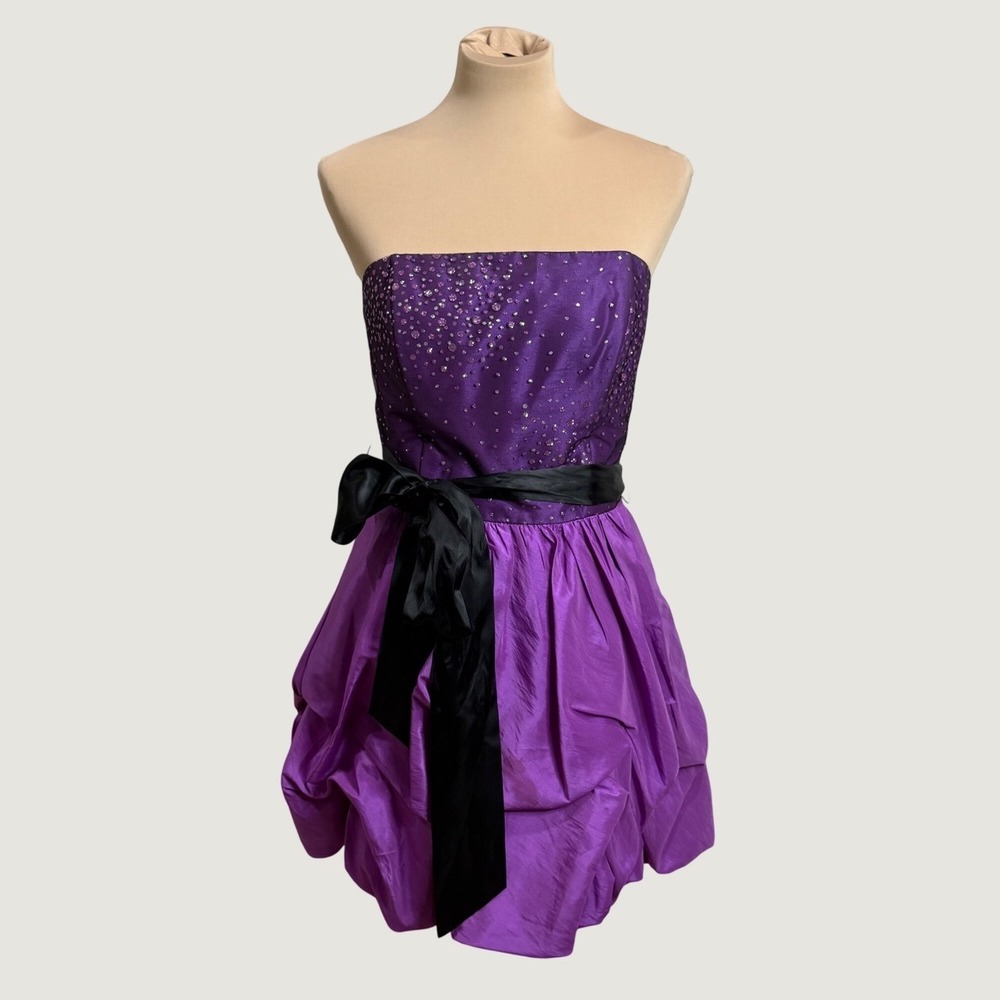 Jessica McClintock Gunne Sax Mini Dress Gown 11 Purple Y2K Strapless Bubble Hem